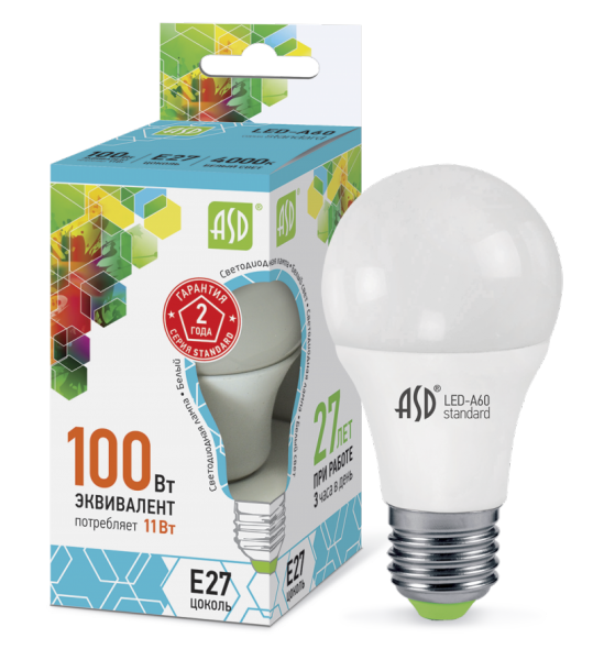 Лампа светодиодная LED-A60-standard 11Вт 230В Е27 4000К 990Лм ASD