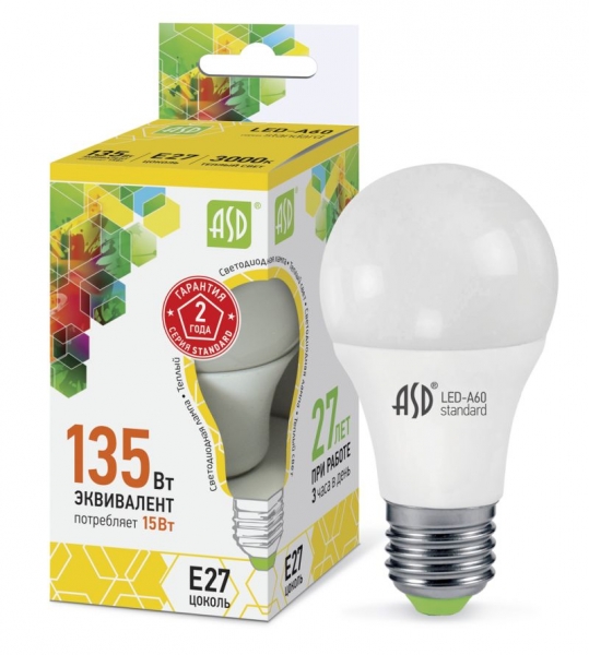 Лампа светодиодная LED-A60-standard 15Вт 230В Е27 3000К 1350Лм ASD